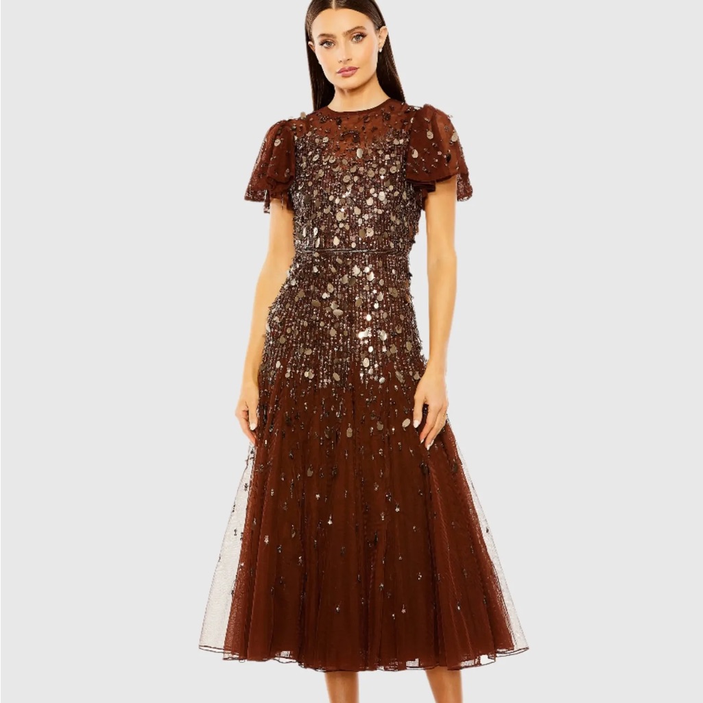Mac Duggar High Neck Butterfly Sleeve Brown Beaded Dress Size 16